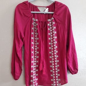 Burgundy Embroidered Tunic Blouse size M